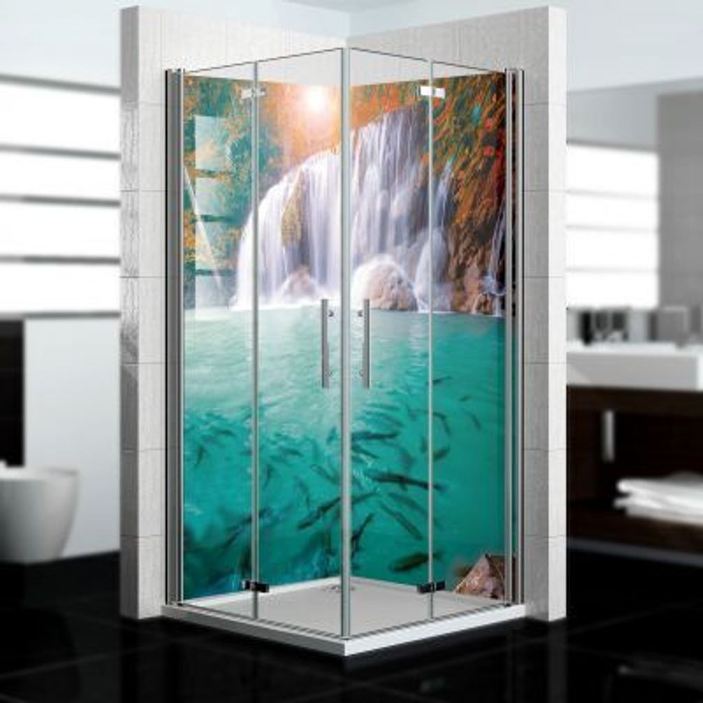 dedeco Eck-Duschrückwände Aluminium wasserfest Motiv: Wasserfall V16, Nano-Protect hochglänzend, 2 x 90x210x0,3cm, Fliesenersatz fugenlos Wandve...