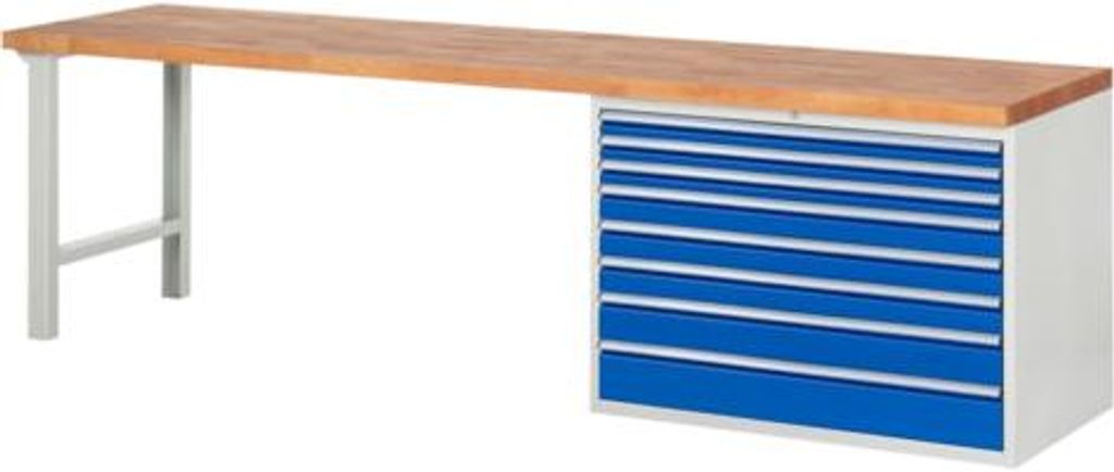 Werkbank mit 8 XXL Schubladen - Vollauszug - 60:3 / 90:3 / 120:1 / 150:1 - 890 x 3.000 x 700 mm (HxBxT) - Traglast 1.000 kg - Buche