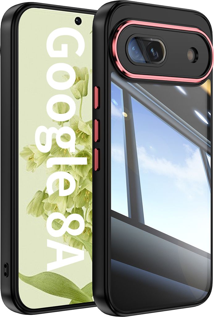 Handyhülle für Google Pixel 8A Hybrid Transparent TPU PC Militärschutz mit Kameraabdeckung Schwarz Rot