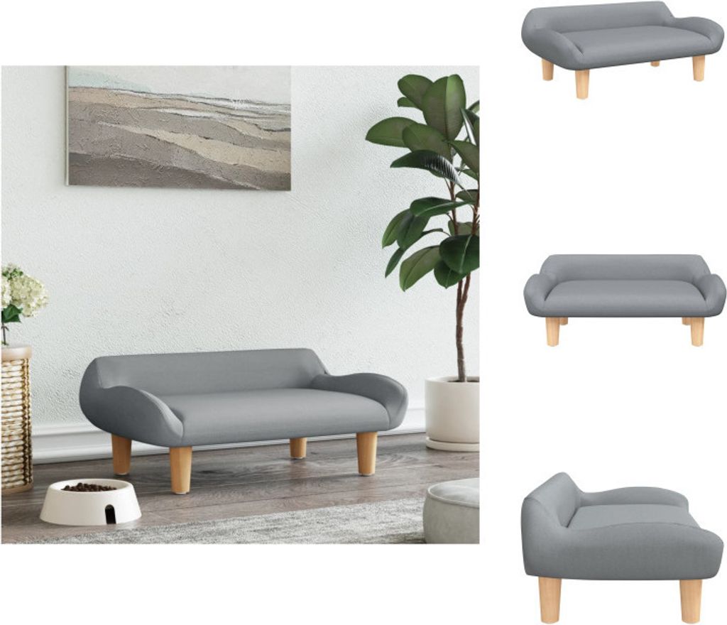 A collage of images showing a grey dog bed from different angles, with one image showing it in a room setting with a plant and artwork.