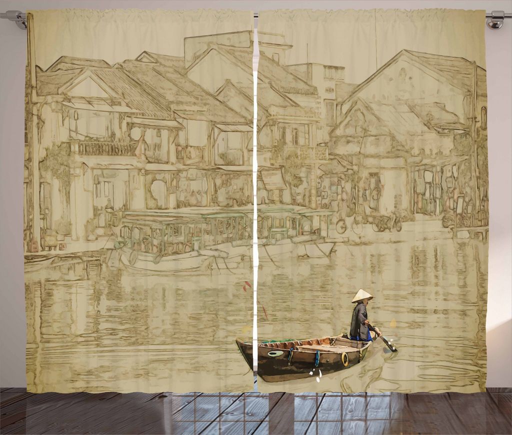 ABAKUHAUS Vintage Boat Rustikaler Gardine, Vietnam Landschaft, Schlafzimmer Kräuselband Vorhang mit Schlaufen und Haken, 280 x 225 cm, Sepia Beige