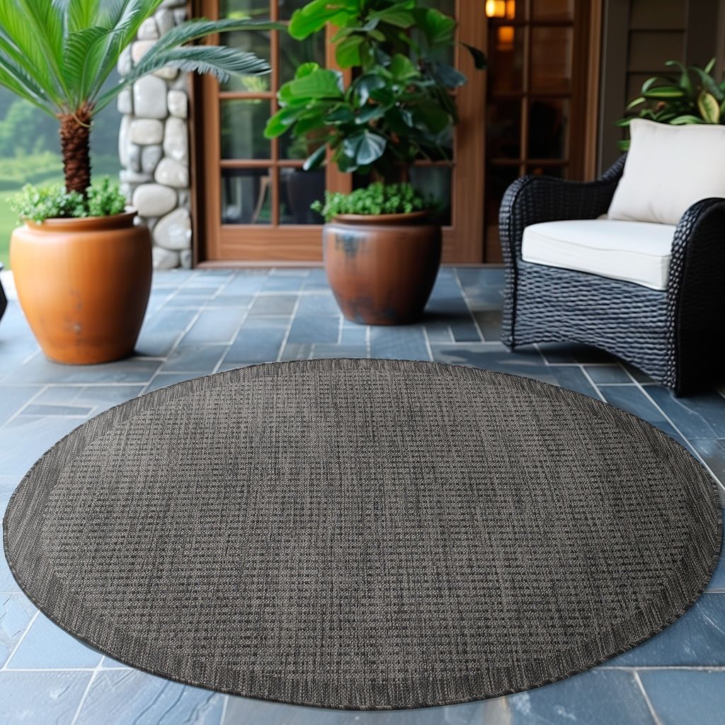 Villa Möbel Gizaro Wohnzimmer-Teppich, Outdoorteppich, Heat-Set, Einfarbig, Farbe:Schwarz, Grösse:160 cm Rund