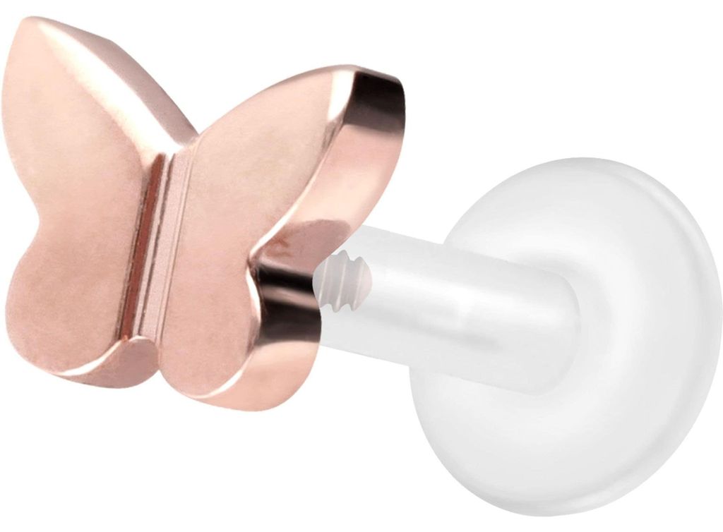 Ohrpiercing, Nasenpiercing PTFE Labret mit Innengewinde + Titan-Aufsatz SCHMETTERLING RoséGold Stablänge: 6mm | Stabstärke: 1,6mm