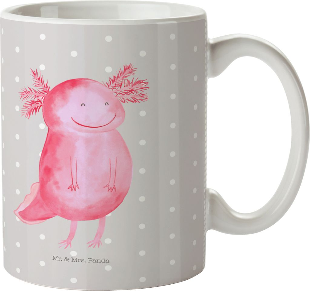 Mr. & Mrs. Panda Kindertasse Axolotl Glücklich - Grau Pastell - Geschenk, Lurche, gut Gelaunt, Trinklernbecher, Schwanzlurch, Pott, Lebensfroh, Me...