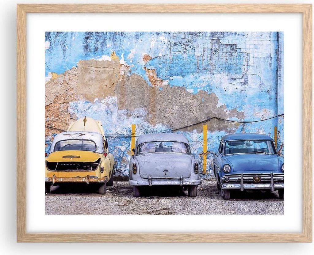 Gerahmtes Poster - Rahmen in heller Eiche - Havanna Oldtimer Autos - 50x40 cm - Wand Bild - Wanddeko - Wandbilder - Kunstposter - Wandposter - Bild...
