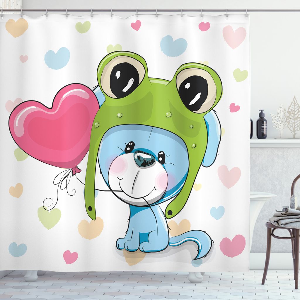 ABAKUHAUS Karikatur Duschvorhang, Hündchen im Frosch Hut, Set inkl.12 Haken aus Stoff Wasserdicht Bakterie und Schimmel Abweichent, 175 x 180 cm, ...