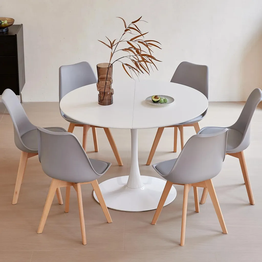 Table Ronde Bois 110 cm avec 6 Chaises Gris Clair Style Minimaliste