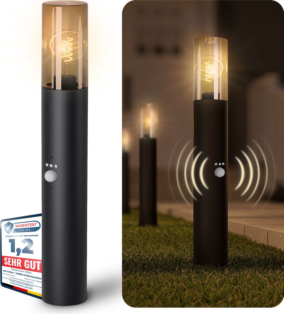SSC-LUXon VARDA Garten Standleuchte mit Bewegungsmelder & Dämmerungssensor inkl. LED Birne E27 extra warmweiß Vintage Wegeleuchte