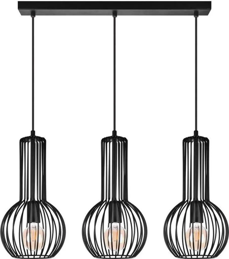 Luminaire Suspension Industrielle 3 Lampes E27 en Métal Noir pour Salon