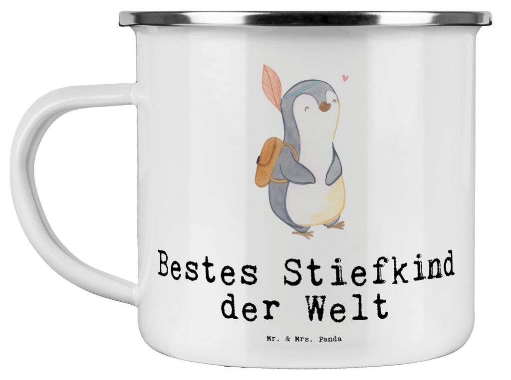 Mr. & Mrs. Panda blechbecher Pinguin Bestes Stiefkind der Welt - Weiß - Geschenk, Taufe, Emaille Becher, Teetasse, Haferl, Kids, Campingtasse, Pot...