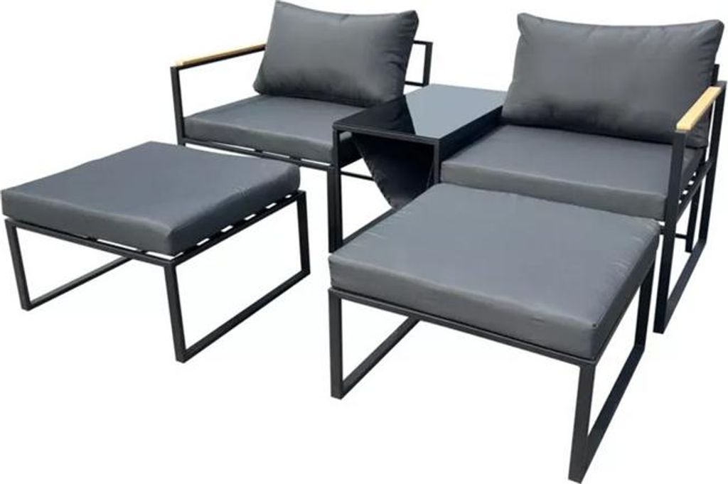 Happy Home 5tlg Balkonset grau Gartensessel mit Hocker Tisch und Akazienholz Armlehnen wetterfestes Loungeset für Terrasse