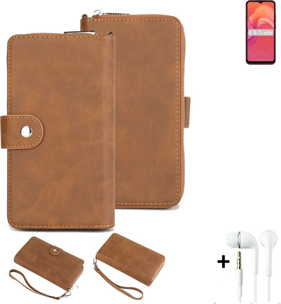 K-S-Trade Handy Schutz Hülle kompatibel mit Doogee X96 + Kopfhörer Portemonnee Tasche Wallet-Case Bookstyle-Etui braun (1x)
