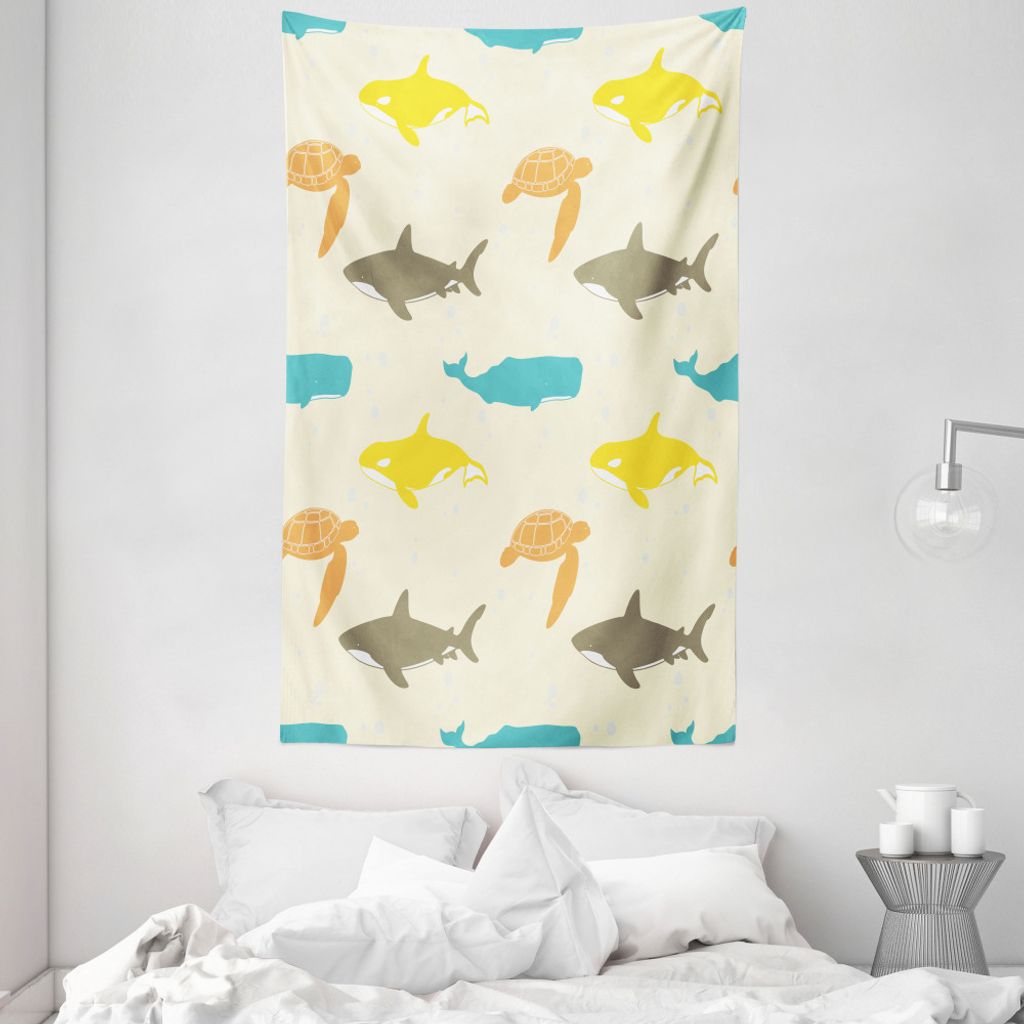 ABAKUHAUS Gekritzel Wandteppich und Tagesdecke, Walhai und Schildkröte aus Weiches Mikrofaser Stoff Waschbar ohne Verblassen Digitaldruck, 140 x 2...