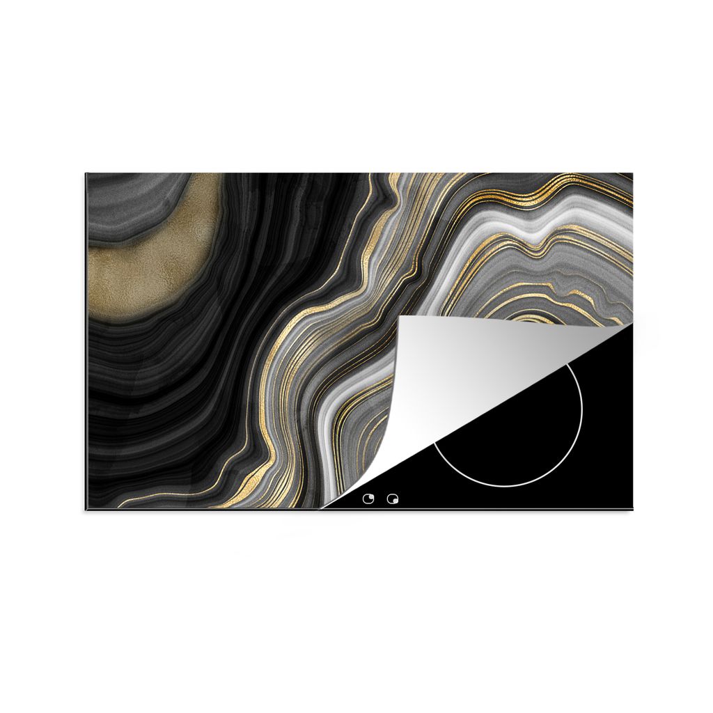 KitchenYeah Herdabdeckplatte Marmor - Stein - Achat - Schwarz und Gold , 91x52cm, Küche Deko, Glaskeramikkochfeld Herdabdeckung, Abdeckplatte f...