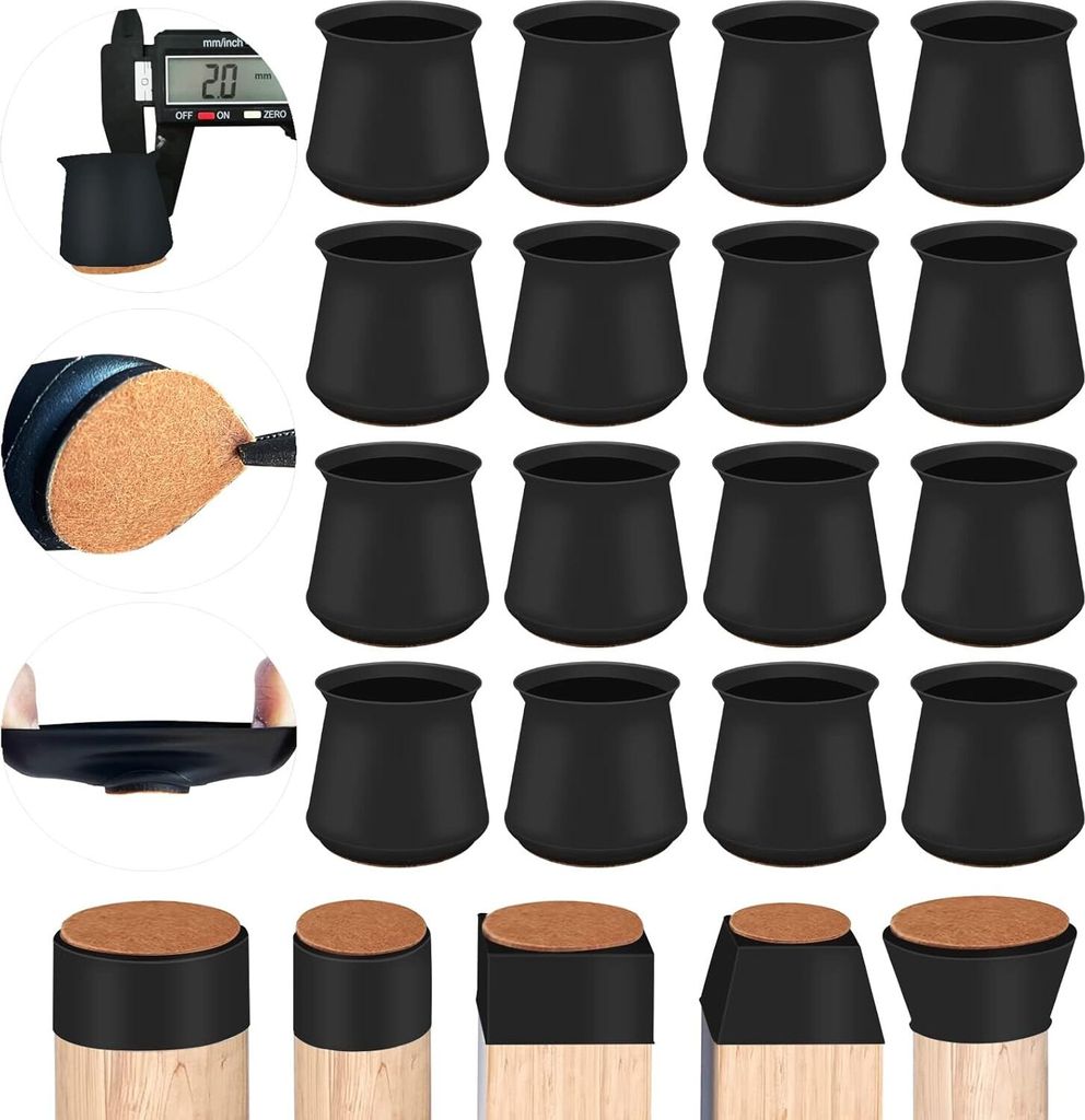 Stuhlbeinschutz, 16-teilig, verdickte Stuhlkappe aus Silikon mit Filzgleitern, runder/quadratischer Stuhlbeinschutz für Stuhl- und Tischbeine (kle...