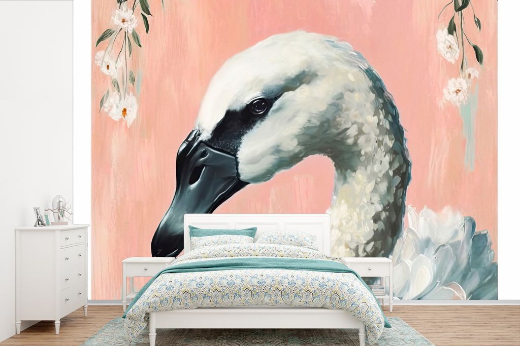 MuchoWow Fototapete für Wohnzimmer oder Schlafzimmer Wandtapete Vinyl Motivtapete Schwan - Tiere - Blumen - Pastell - Weiß - 330x220 cm - Fotot...