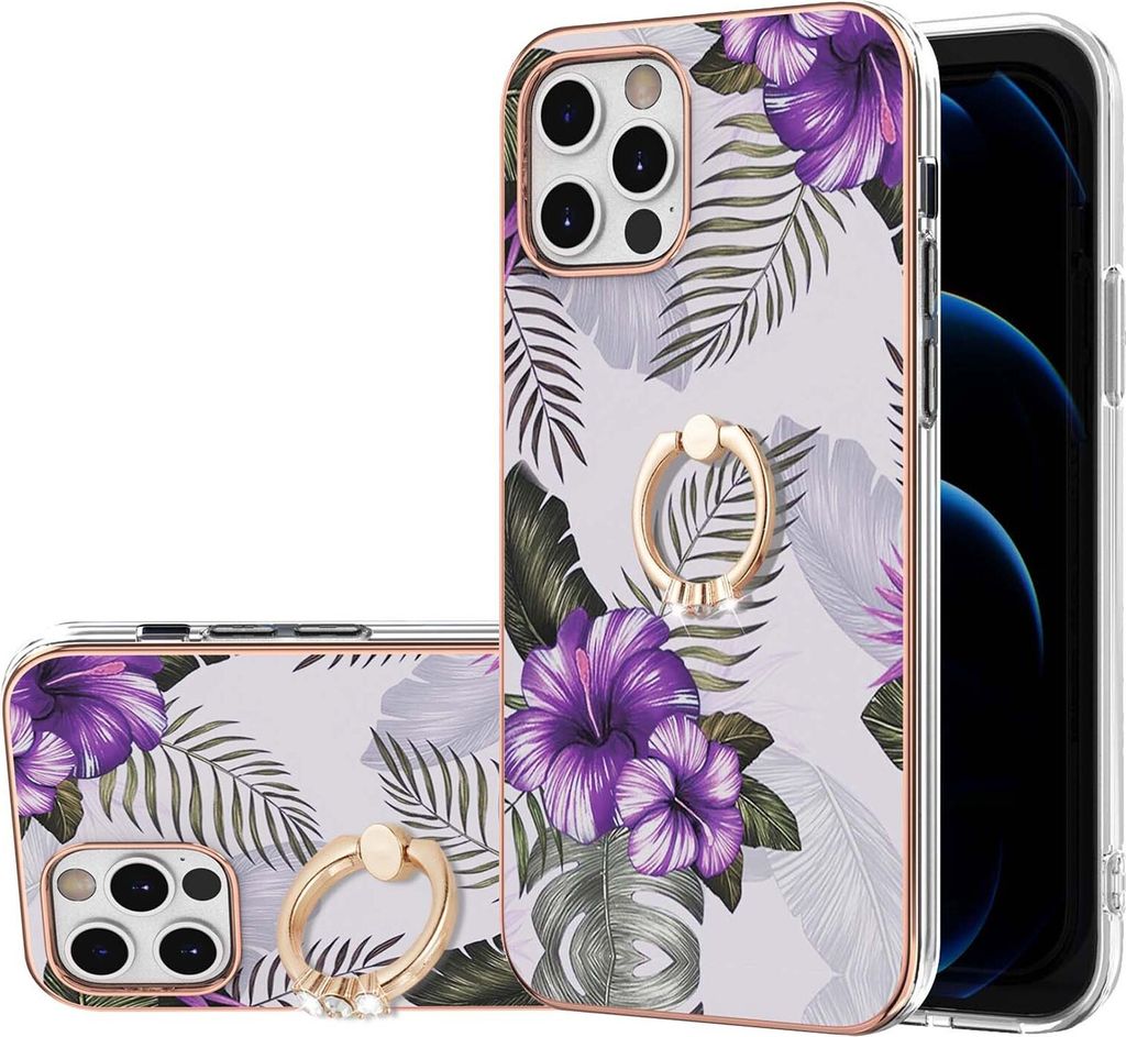 Hülle für iPhone 12 Pro Max Muster TPU Silikon Stoßdämpfer Bumper Schutzhülle mit Ring Ständer Lila