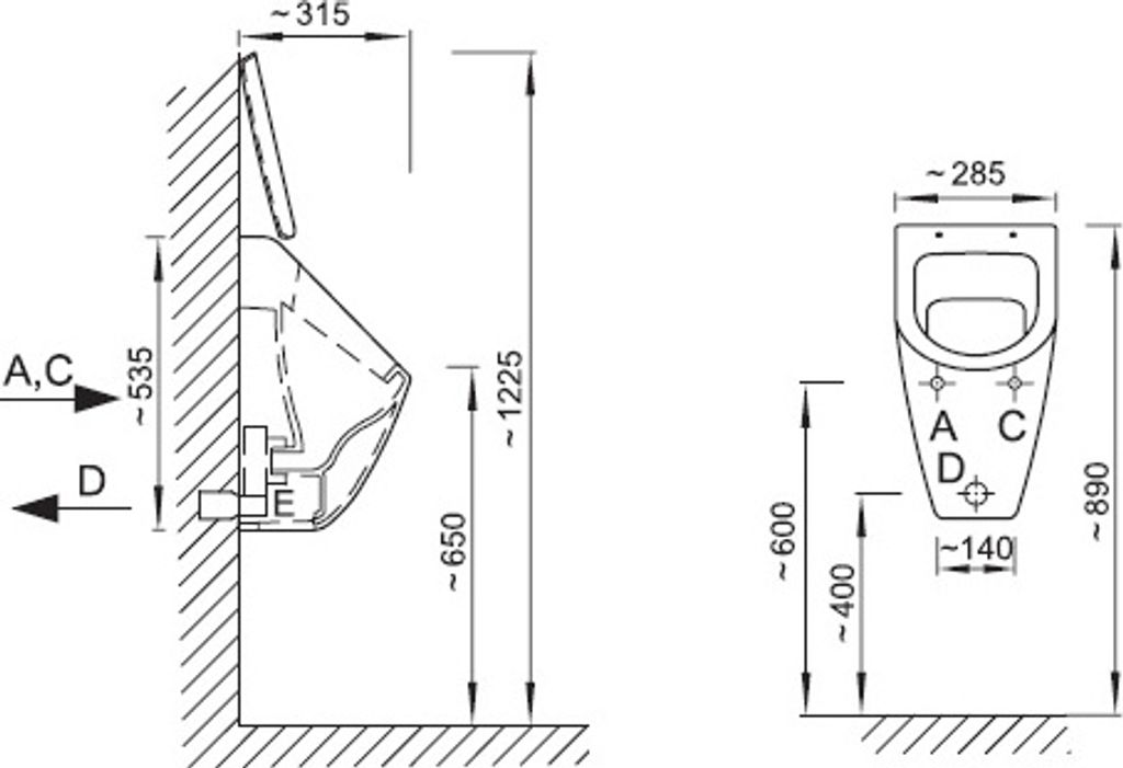 Urinal SUBWAY IQ-Spülung Netzbetrieb / Batteriebetrieb Keramik Wassersparend hoher Komfort AUP 33, AUP 33.B, Modell:Batteriebetrieb