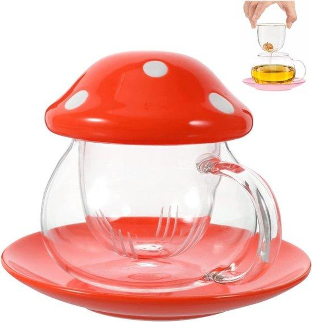 Teezubbe mit Deckel - Pappmokken - Gläserner Kopf mit Unterstützer - Tee-Filter - 290 ml (Orange)