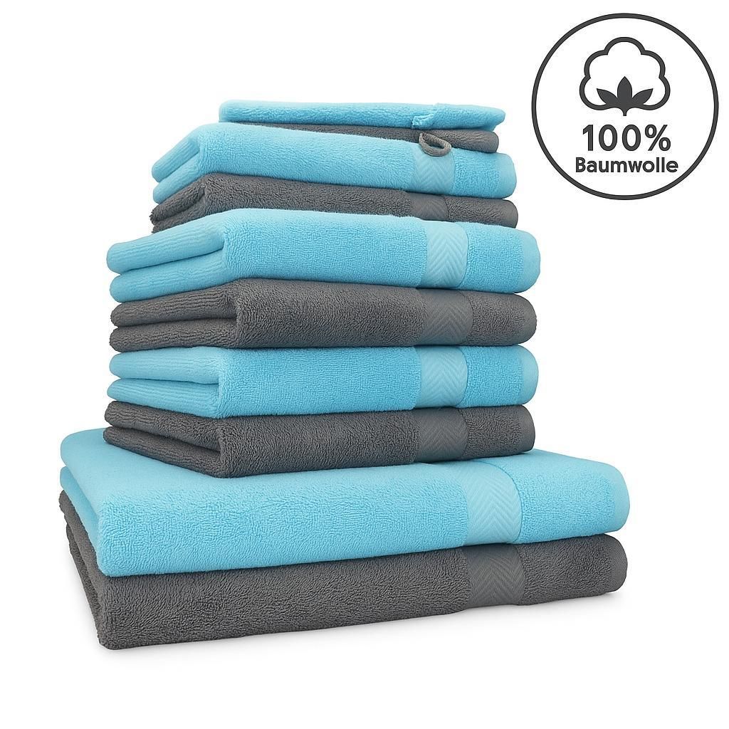 Betz 10-tlg. Handtuch-Set PREMIUM 2 Duschtücher 4 Handtücher 2 Gästetücher 2 Waschhandschuhe Farbe: türkis & anthrazit