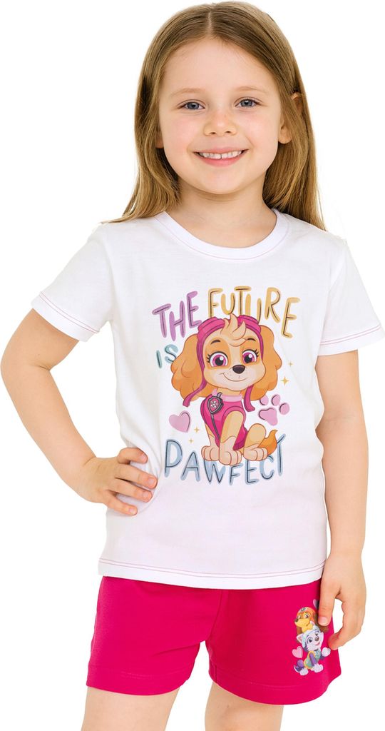 Paw Patrol Schlafanzug für Mädchen - The Future Pawfect Kinder Pyjama Set Kurzarm Oberteil mit Hose Weiß/Pink 98-104