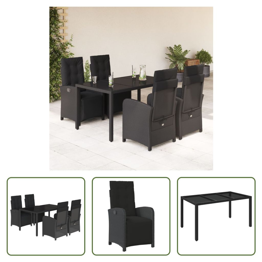The Living Store 5-tlg. Garten-Essgruppe mit Kissen Schwarz Poly Rattan