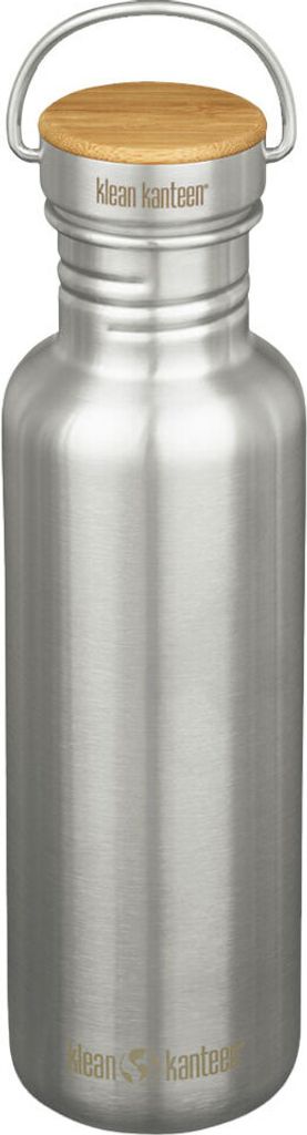 A stainless steel water bottle with a bamboo lid.