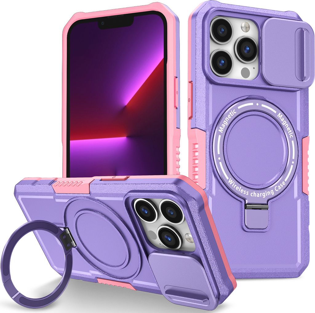 Handyhülle für iPhone 13 Pro Kompatibel mit MagSafe, Robuste Hülle mit Schiebe Kamera Schutz, Magnetischer Ringständer Lila
