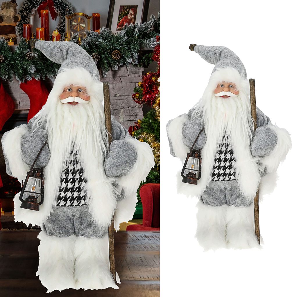 Weihnachtsmann Figur mit Lampe und Stock grau weiß 20x30x10cm Polyester PE Vinyl Weihnachtsmannpuppe Dekoration