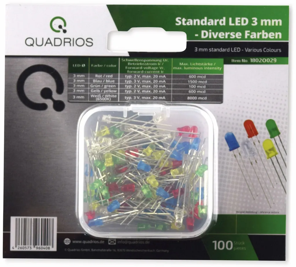 Stock 100 LED 3mm Quadrios 1802O029 | Lente Trasparente e Luce Diffusa