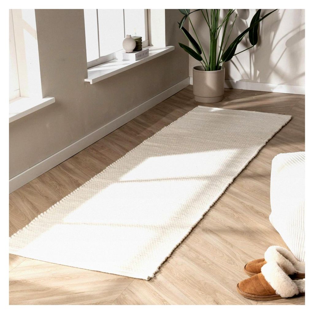 Wollteppich Läufer - Feline Weiß - Wolle - Flachgewebe - Einfarbig - Modern, Skandinavisch - Schlafzimmer, Flur, Babyzimmer - Teppich