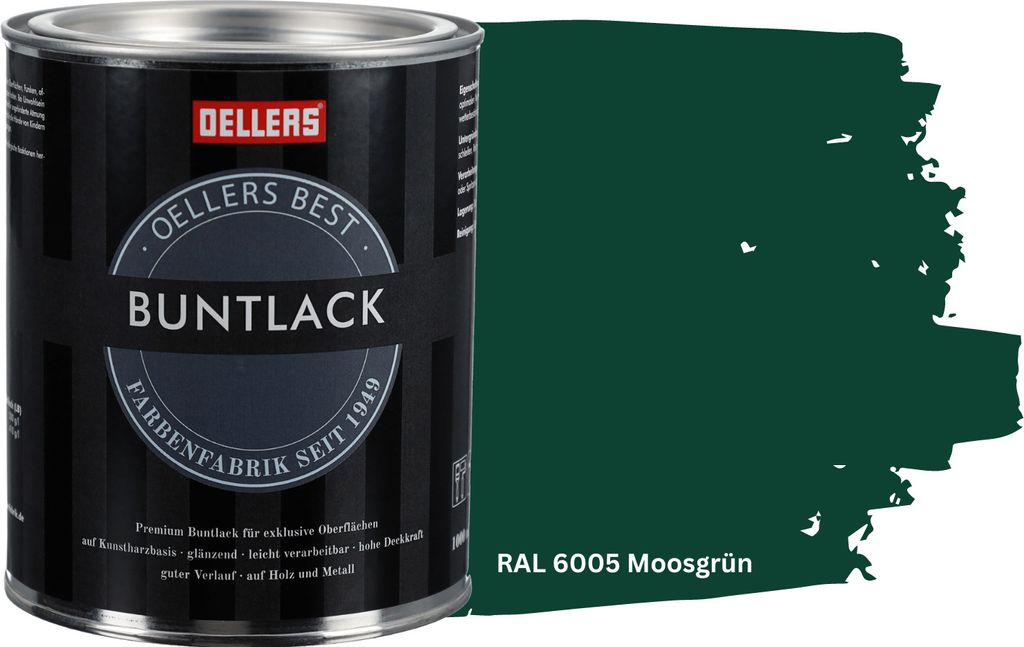 OELLERS Premium Buntlack 1L RAL 6005 Moosgrün Metalllack Holzlack Schutzlack Kunstharz glänzend