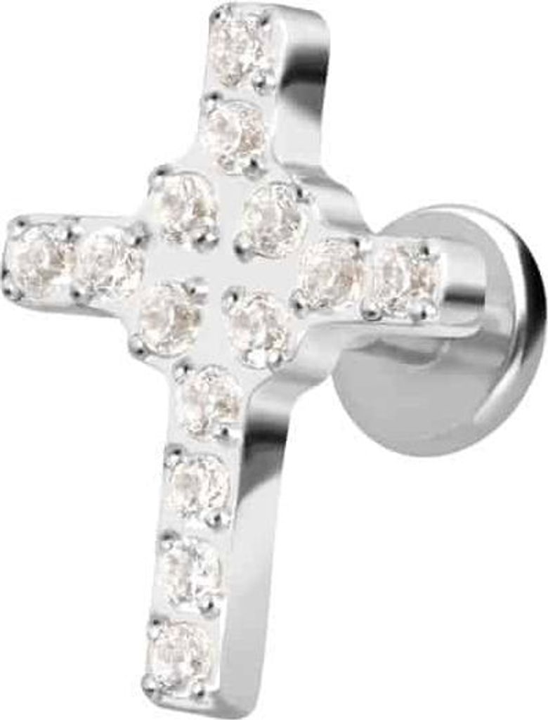 Ohrpiercing, Nasenpiercing Titan Labret mit Innengewinde KRISTALLKREUZ Silber Stablänge: 5mm | Stabstärke: 1,2mm
