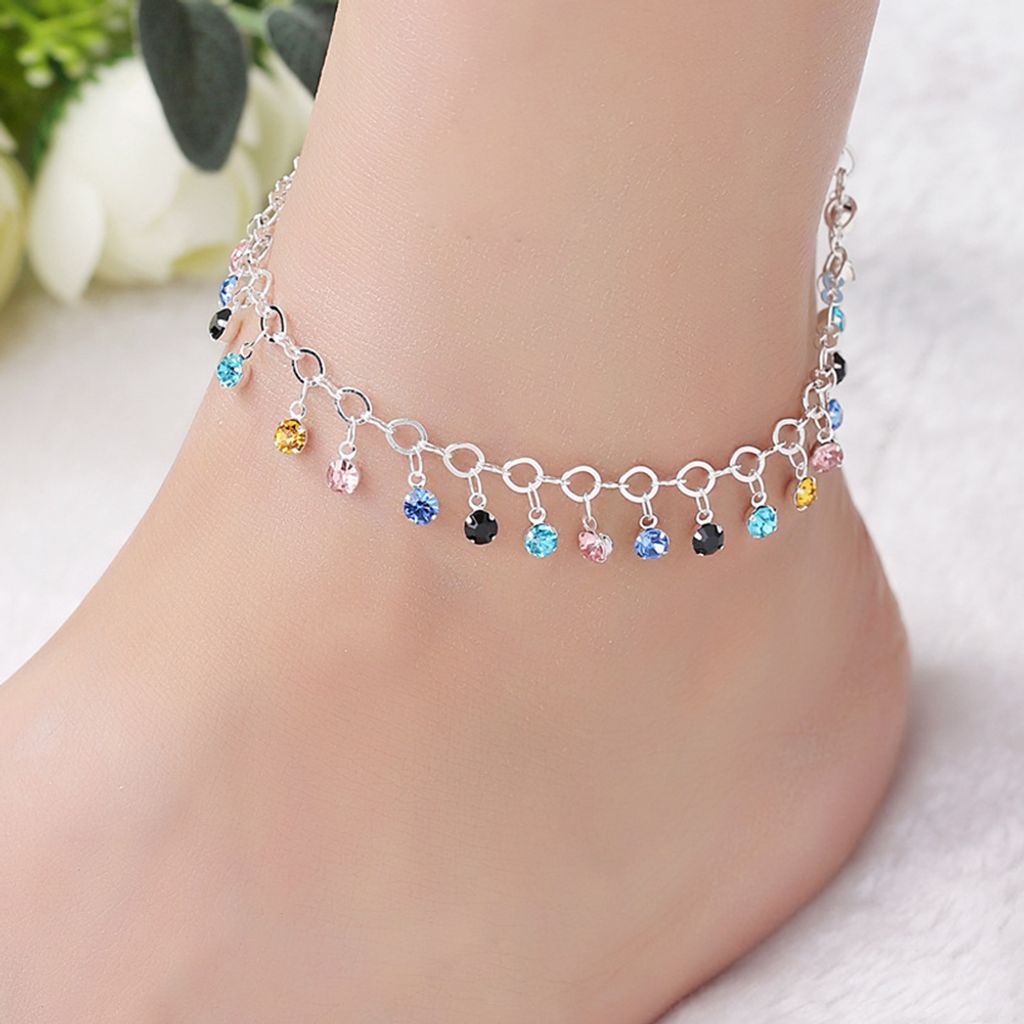 Glänzendes buntes Strass-Quasten-Ketten-Knöchel-Armband, Fußkettchen, Damen-Strandschmuck