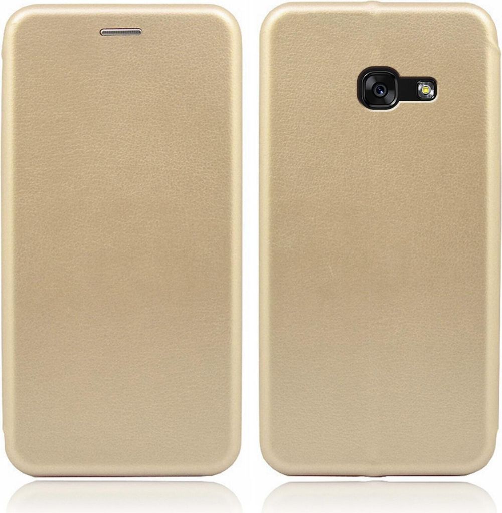 Two views of a gold smartphone case.