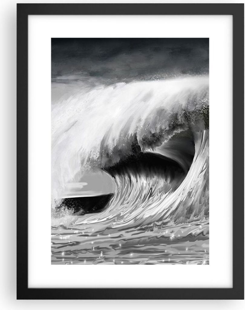Gerahmtes Poster - Schwarzer Rahmen - Welle Zeichnung Schwarzweiß - 30x40 cm - Wand Bild - Wanddeko - Wandbilder - Wandposter - Bilderrahmen - Bil...