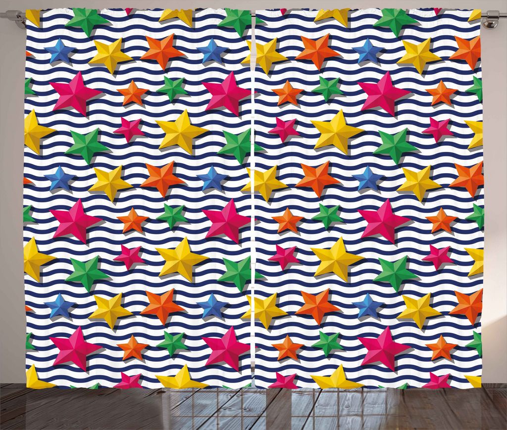 ABAKUHAUS Nautisch Rustikaler Vorhang, 3D Sterne gewellte Streifen, Wohnzimmer Universalband Gardinen mit Schlaufen und Haken, 280 x 175 cm, Mehrfa...