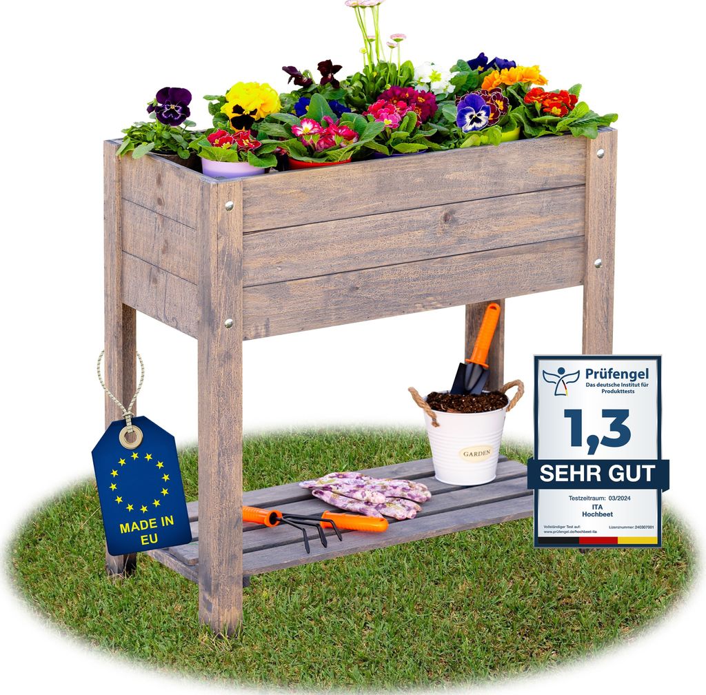 ITA Hochbeet aus Holz 80x37x78 cm - Pflanzkasten mit Ablageboden & Innenfolie - EU - Direkt vom Hersteller -Kiefernholz - Pflanzbeet Blumenkasten f...