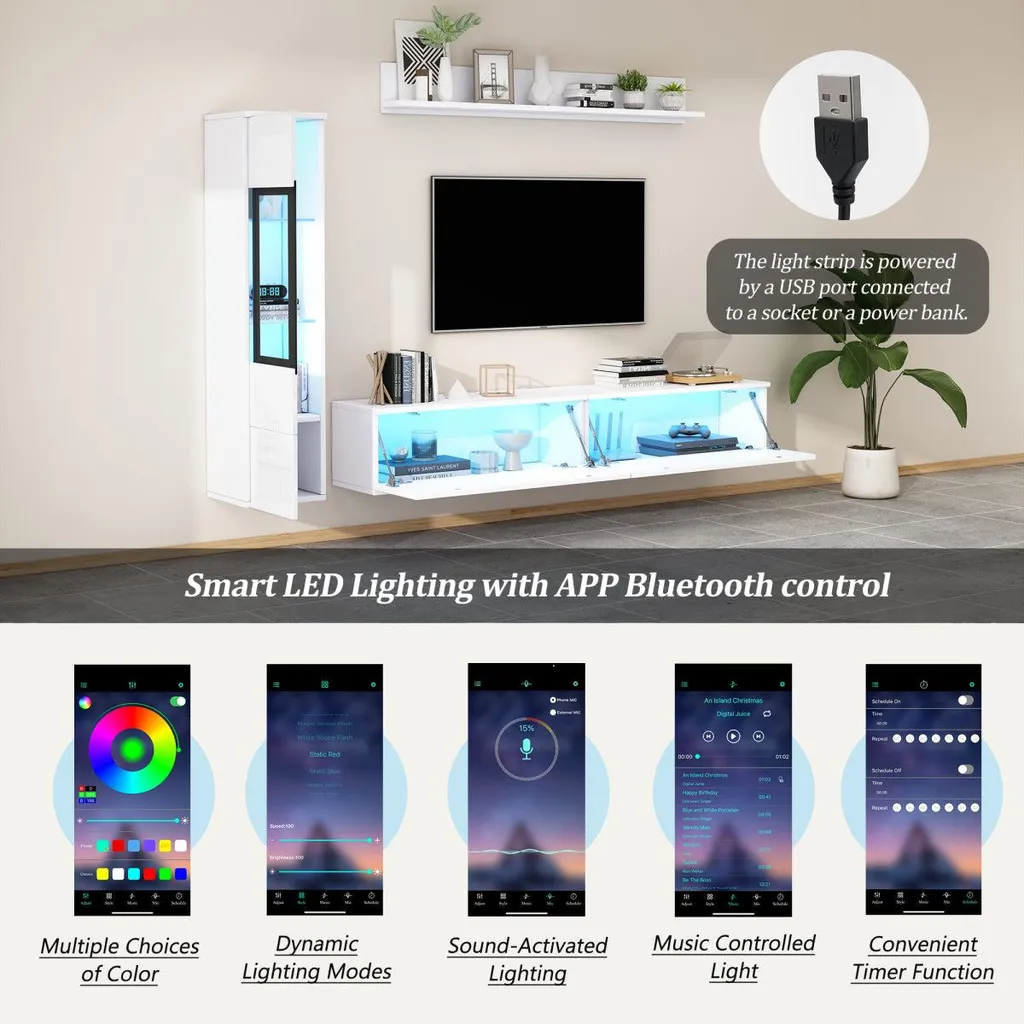 Ensemble TV blanc brillant avec éclairage LED intelligent par App - 15
