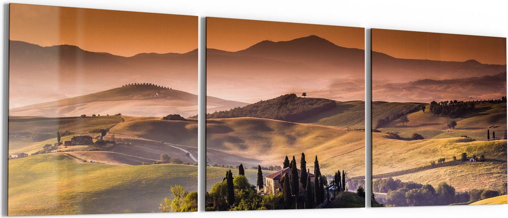 DEQORI Glasbilder Acryl 3x50x50 cm 'Toskana Panorama' Wandbilder XXL groß
