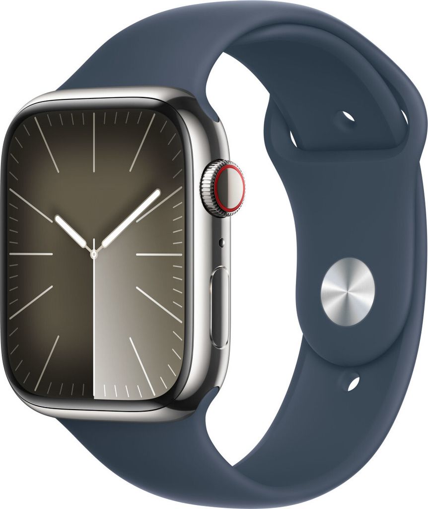 Apple Watch Series 9 4G 45mm Edelstahl Silber Sportarmband Sturmblau M/L
