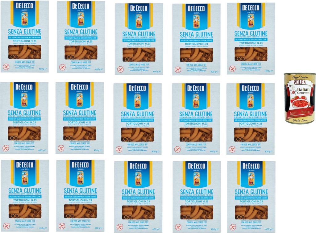 De Cecco Tortiglioni senza Glutine No.23, Glutenfrei,100% Italienisch Pasta Nudeln gluten free 15x 400G + Italian Gourmet polpa 400g