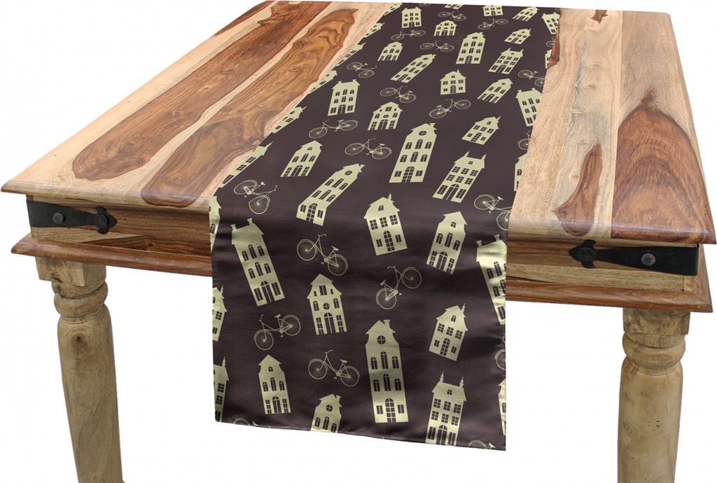 ABAKUHAUS Amsterdam Tischläufer, Retro Häuser und Fahrräder, Esszimmer Küche Rechteckiger Dekorativer Tischläufer, 40 x 180 cm, Dunkle Taupe C...