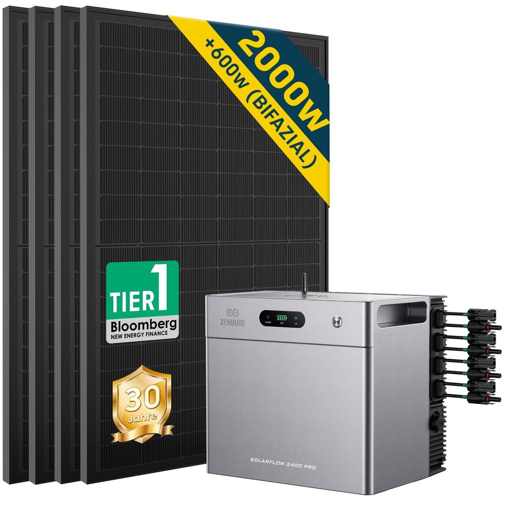 ALLDREI Balkonkraftwerk mit Speicher Zendure SolarFlow 2400 pro , Komplettset mit 4*500W Bifazialer Solarpanel,2,4kWh,4MPPT,optional Halterung