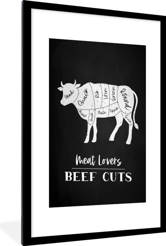 MuchoWow Gerahmtes Poster Küche - Kuh - Fleischer - Fleisch 60x90 cm - Poster mit Schwarzem Bilderrahmen Wandposter Rahmen Foto Bilder - Dekorat...
