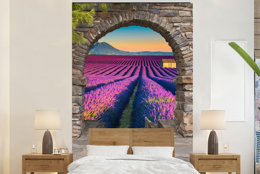 MuchoWow Fototapete für Wohnzimmer oder Schlafzimmer Wandtapete Vinyl Motivtapete Lavendel - Abend - Ausblick - Blumen - 225x350 cm - Schlafzimm...