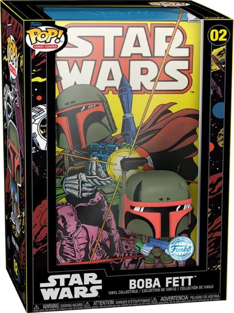 A Funko Pop! Comic Covers figure of Boba Fett in its original packaging, featuring comic book artwork.