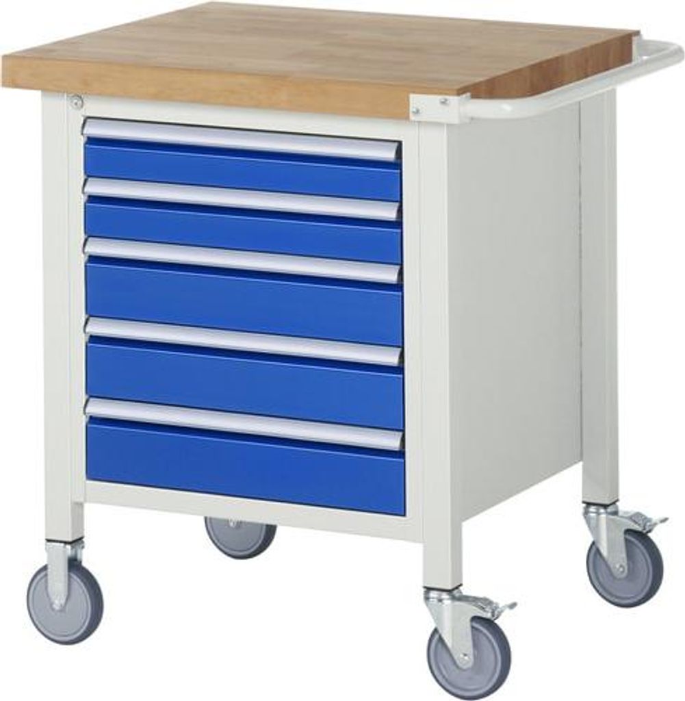 Mobile Werkbank mit 5 Schubladen - Vollauszug - 90:2 / 120:3 - höhenverstellbar 880-1.080 mm - 750 x 700 mm (BxT) - Traglast 450 kg - Buche
