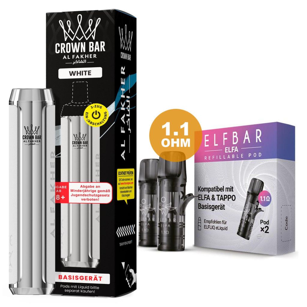 Al Fakher Crown Bar 600 Pod Kit Weiß – 500 mAh Akkuträger inkl. 2 x 1,1 Ohm Leerpods, USB-C, 2 ml Pod System, DTL & MTL, wiederaufladbar, ohne ...