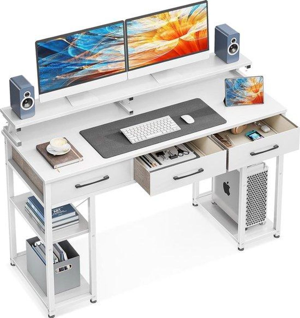 Schreibtisch, weiß, Schreibtisch mit 3 Schubladen, Computertisch mit Ablage, 120 x 50 x 90 cm, Schreibtisch mit Monitorhalterung, PC-Tisch, Gaming...